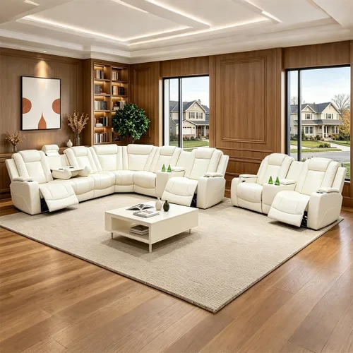 Vista 35 de Juego de sofá seccional reclinable de cuero, sofá seccional con 4 sillones reclinables Juegos de muebles de sala con 3 reclinables, luz LED