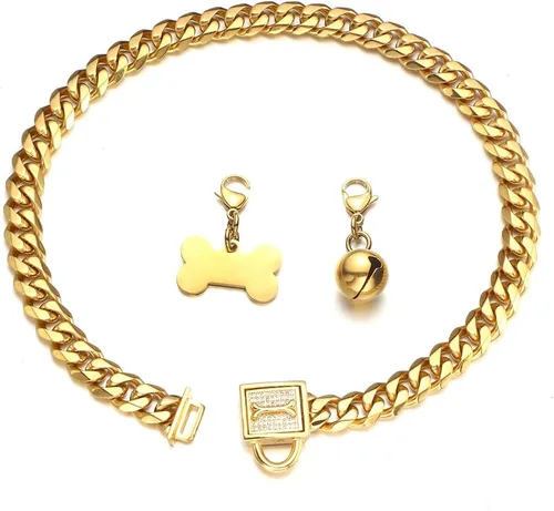 Vista 2 de Collar de cadena de perro resistente, de acero inoxidable con oro de 18 quilates, collar de ahorque, con hebilla de seguridad de diamantes