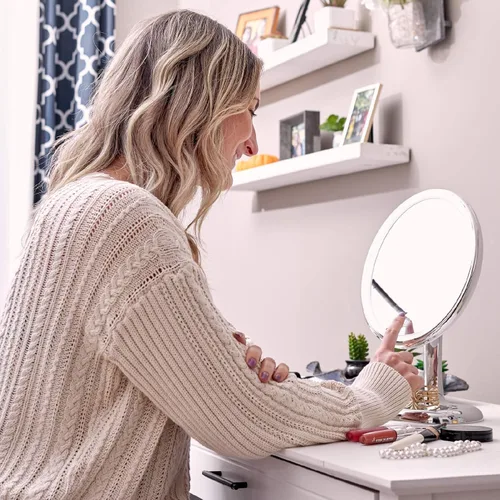 Vista 3 de Espejo de maquillaje personal ovalado con luces, espejo de aumento para mesa, espejo de maquillaje LED, espejo giratorio de viaje de 360 grados