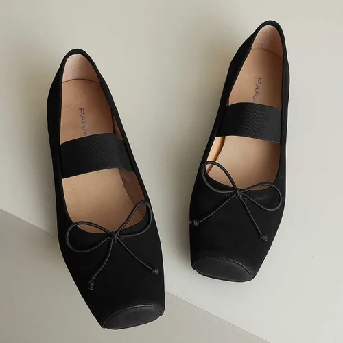 Vista 7 de Zapatos planos de ballet de piel nobuck para mujer, punta cuadrada retro con banda ancha elástica entrecruzada, zapatos de tacón bajo y fino