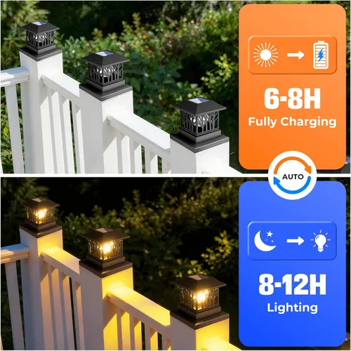 Vista 4 de Paquete de 2 luces solares para postes de puerta, tapa de alimentación solar para valla al aire libre con bombilla de vidrio agrietado y 4 modos