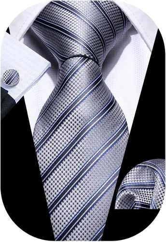 Vista 247 de Barry.Wang Juego de corbatas para hombre, corbata de seda a rayas, tejido a cuadros, gemelos formales, negocios, boda