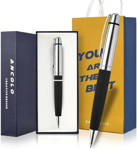 Vista 10 de Ancolo Bolígrafo cromado plateado personalizado, impresionante bolígrafo de lujo con piel sintética, personaliza tu mensaje, nombre. Set de regalo