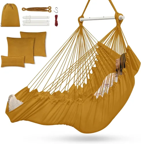 Vista 8 de Outerman Silla tipo hamaca, silla colgante con 3 cojines y soporte para los pies, barra separadora de metal resistente con un máximo de 500 libras