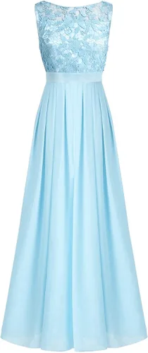 Vista 4 de Yartina Vestido largo de noche de gasa con encaje floral de ganchillo para mujer