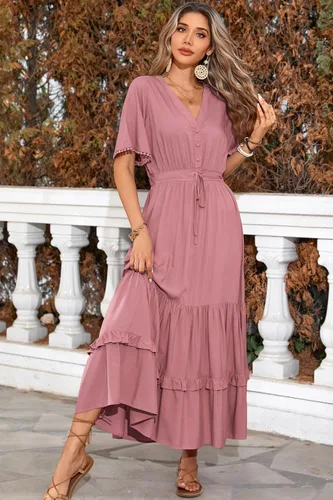 Vista 3 de R.Vivimos - Vestido por debajo de la rodilla para mujer, vestido de algodón, diseño de manga corta, cuello en V, estampado floral
