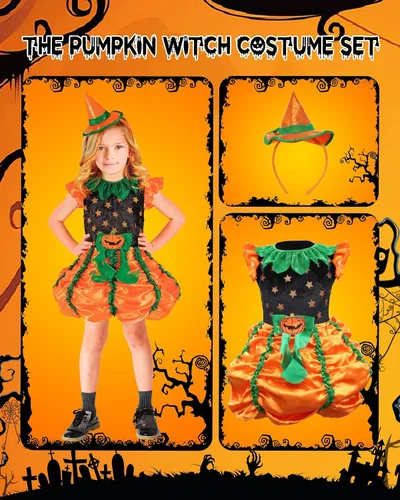 Vista 3 de Usview Disfraz de bruja de calabaza de Halloween para niña, vestido naranja verde y negro con mini sombrero, lindo juego de falda de calabaza