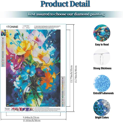 Vista 3 de 1tonine Kit de pintura de diamantes de flores coloridas 5D para adultos, kit de pintura de diamante redondo de taladro completo por números, pintura