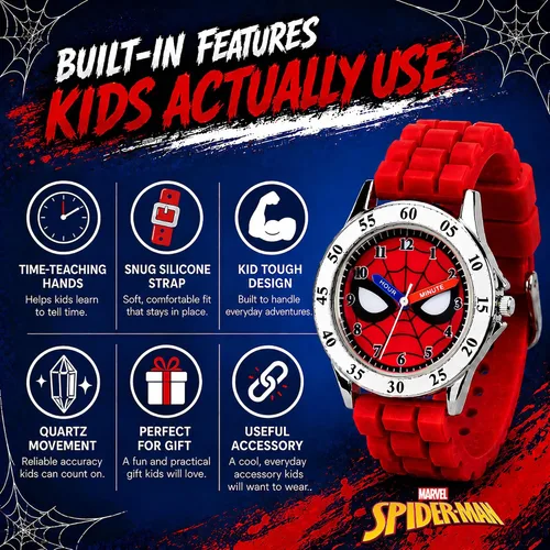 Vista 4 de Spiderman Time Teacher - Reloj para niños, correa de silicona roja, esfera fácil de leer, resistente al agua, con lata especial