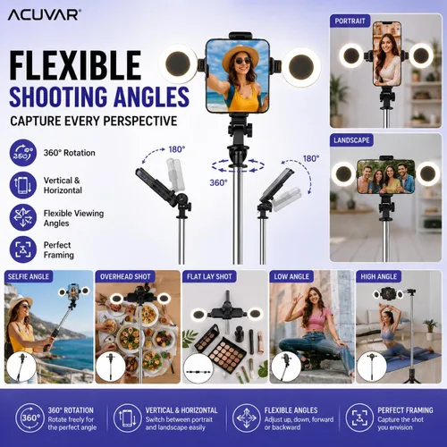 Vista 7 de Acuvar Trípode selfie stick de 71 pulgadas con luces de relleno LED dobles y control remoto Bluetooth para iPhone y Android, soporte de trípode