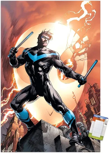 Vista 12 de Trends International DC Comics Nightwing - Póster de pared de fuego, 14.725 x 22.375 pulgadas, versión enmarcada de madera de granero