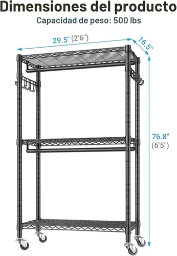 Vista 6 de VIPEK R2 - Perchero mediano con ruedas y ganchos laterales, resistente para colgar ropa, ajustable con alambre de metal, armario portátil con ruedas