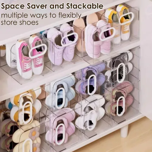 Vista 3 de Zapatero de acrílico para niños, 2 unidades, almacenamiento de zapatos para niños pequeños, 4 secciones, organizador de zapatos para bebés