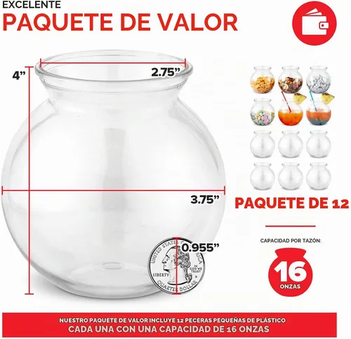 Vista 2 de Cuencos pequeños redondos de plástico para fiestas (paquete de 12) mini tazón transparente de 16 onzas, vasos inastillables para bebidas, centros