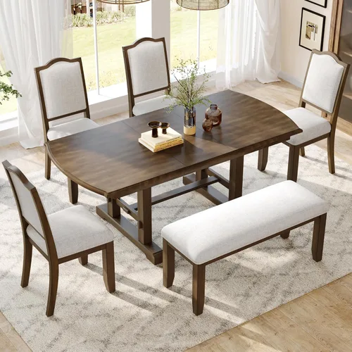 Vista 17 de Elegante juego de mesa de comedor de cocina de 6 piezas, mesa rectangular de madera y 4 sillas copetudas de respaldo alto y 1 banco, juego de mesa