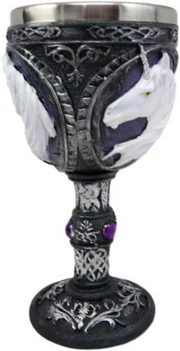 Vista 6 de Ebros Gift Gran figura mágica sagrada púrpura real gemas blancas unicornio vino de pureza cáliz cáliz figura con arte de desplazamiento y nudos