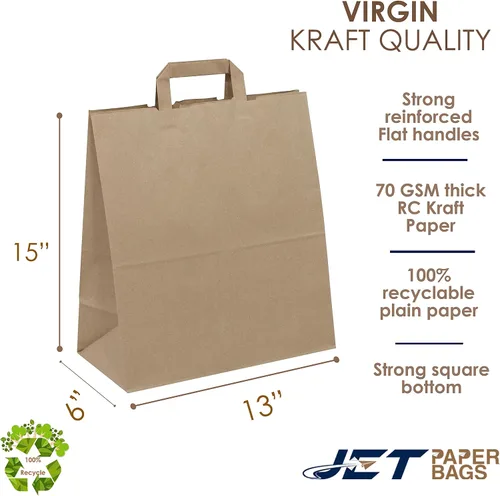 Vista 2 de JET PAPER BAGS - Bolsas de papel marrón grandes de 13 x 6 x 15 pulgadas con asas Prime (marrón, 13 x 6 x 15 pulgadas (paquete de 25))