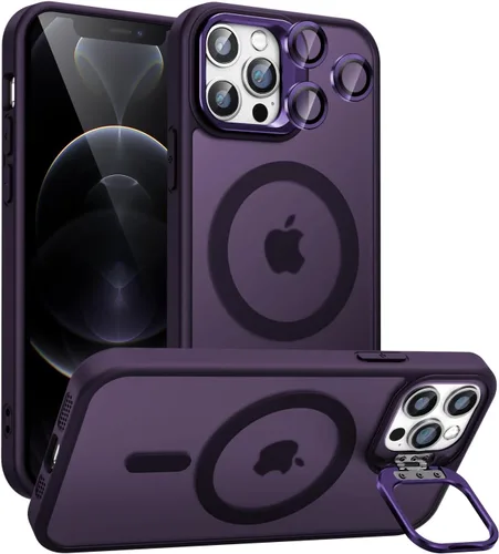 Vista 22 de Funda magnética para iPhone 11 con soporte, compatible con Magsafe, protección militar y protector de lente de cámara, funda translúcida mate