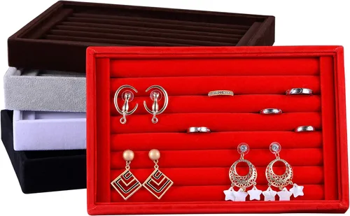 Vista 6 de Bandejas de terciopelo con 7 ranuras para anillos y aretes, escaparate, organizador de joyas (morado)