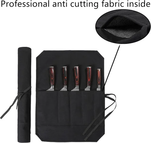 Vista 5 de Denifiter Bolsa enrollable para cuchillos de chef con 5 ranuras, rollo de cuchillo de lona de cera con tela profesional anti corte
