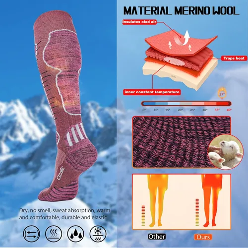Vista 4 de Calcetines de esquí de lana merino para hombre y mujer, 2 pares para esquí, snowboard, térmicos hasta la rodilla, calcetines de rendimiento