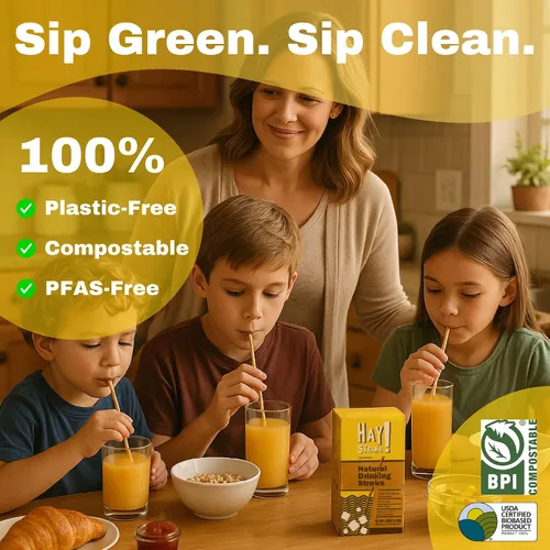 Vista 3 de HAY! Straws Pajitas regulares de 7.75 pulgadas 3000 unidades 100% biodegradables y compostables Duraderas, no se empañan, sin gluten
