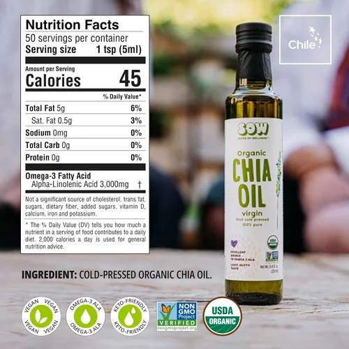Vista 2 de Seeds of Wellness - Aceite de semilla de chía orgánico, bio nutrientes esenciales, ácidos grasos Omega-3 ALA a base de plantas, prensado en frío