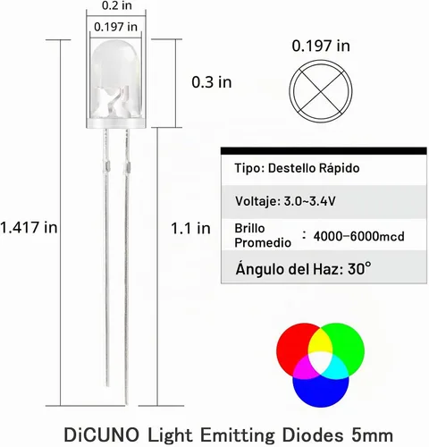 Vista 2 de DiCUNO 100 piezas de diodo LED de parpadeo rápido RGB multicolor de 0.197 in, diodos emisores de luz cambiantes intermitentes multicolor, 2 pines