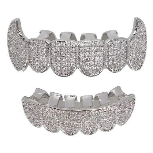 Vista 3 de Rejillas de dientes de cobre chapado en frío, oro plateado, dientes de diamante helados para hombres y mujeres rapero traje dientes joyería