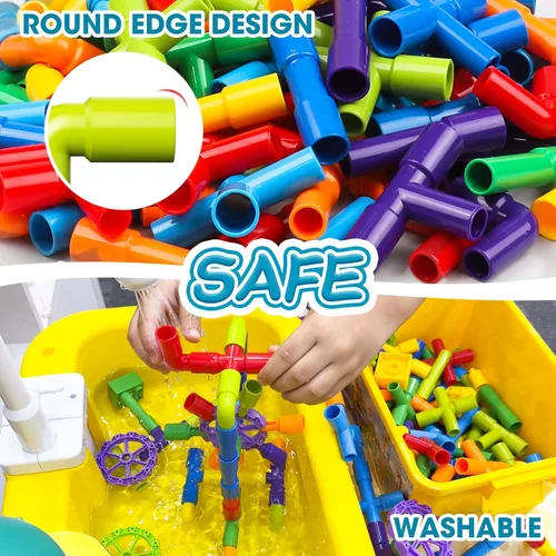 Vista 6 de burgkidz STEM - Bloques de construcción de tubo de aprendizaje para tubo, juguetes sensoriales con ruedas, placa base para todas las edades, niños
