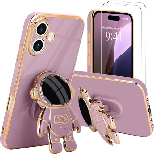 Vista 8 de Pepmune - Funda para iPhone 15 con soporte de astronauta 3D, color negro [2 Screen Protector], Luxury Electroplated Soft TPU Cover with Kickstand