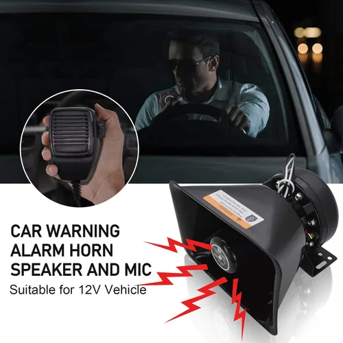 Vista 6 de Sirena de policía para auto, sistema de altavoces Safego, DC12V 200W 9 tonos, altavoz con micrófono de mano cableado, sirena electrónica