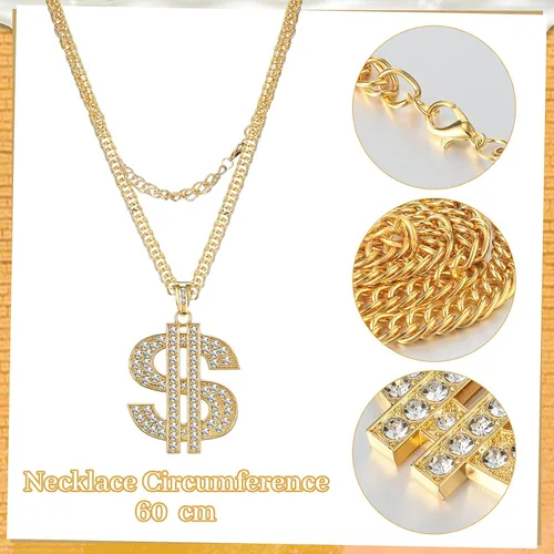 Vista 3 de MTLEE Kit de disfraz de hip hop de los años 80 y 90, accesorios de rapero de Halloween, collar, signo de dólar, anillo de dólar, sombrero