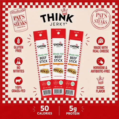 Vista 5 de Think Jerky x Pat's King of Steaks - Palitos oficiales de carne de res con sabor a cheesesteak, edición limitada, bocadillos de carne de res