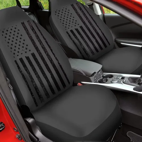 Vista 4 de Howilath Juego de 2 fundas de asiento de coche con patrón de bandera estadounidense negra, fundas universales para asientos delanteros, accesorios