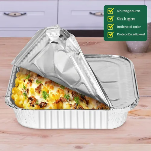 Vista 5 de Bandejas desechables de papel de aluminio de 8 x 8 pulgadas con tapas (paquete de 15) - Bandejas de hornear resistentes para freidora de aire, horno