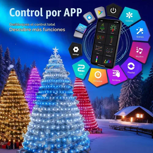 Vista 5 de Luces inteligentes para árbol de Navidad, línea colgante de 6.5 pies que va sobre el árbol, 200 luces LED que cambian de color multicolor