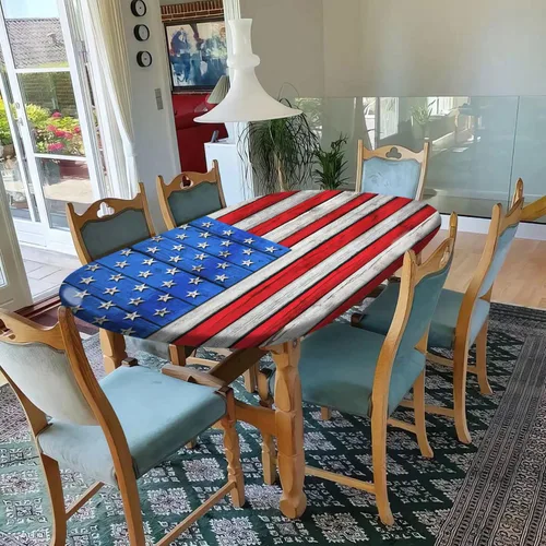 Vista 7 de Mantel de mesa ovalado con bandera estadounidense, mantel con bandera estadounidense sobre madera, cubierta elástica ajustada para el día