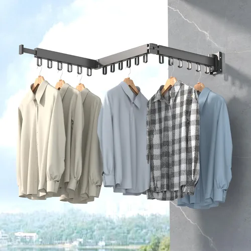 Vista 8 de Estante de Secado de Ropa, Tendedero de Ropa Retráctil y Plegable para Montaje en Pared para Interior, Estante de Colgar Ropa Ahorrador de Espacio