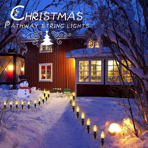 Vista 8 de Tira de luces LED estilo sendero de Navidad para exteriores; tira de 20 luces LED C9 con carcasa de fresa y estaca, interconectables, luz cálida
