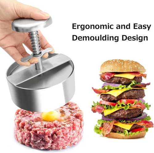 Vista 4 de Prensa de hamburguesas, prensa de carne de hamburguesa ajustable de acero inoxidable, moldes antiadherentes para hacer hamburguesas son adecuados