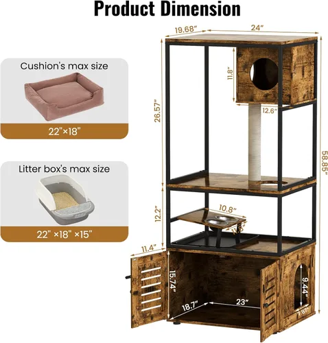 Vista 5 de Lamerge Árbol para gatos con caja de arena, caja de arena grande todo en 1, condominio para gatos con postes rascadores y cuenco de alimentación