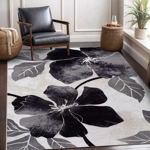 Vista 9 de CAMILSON Solana - Alfombra moderna con diseño floral de 2 x 3 pies, antideslizante y parte trasera de goma, negro - flores grises, alfombra