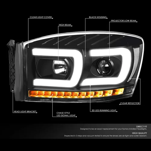 Vista 2 de DNA MOTORING HL-HPL-RM06-G2-BK-CL1 Faros proyectores de secuencia de señal LED 3D dual DRL Compatible con Dodge Ram 1500 modelos 2006-2008/Dodge Ram