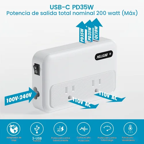 Vista 5 de BESTEK Convertidor de 220 V a 110 V con USB-C 35 W, convertidor de potencia de Estados Unidos a Europa Blanco perla