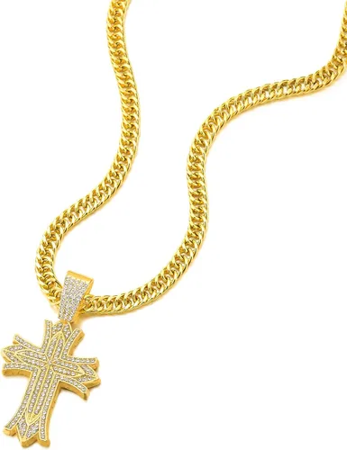 Vista 2 de COOLSTEELANDBEYOND Collar Hip Hop Punk, collar grande con colgante de cruz de color dorado con diamantes de imitación, para hombres y mujeres