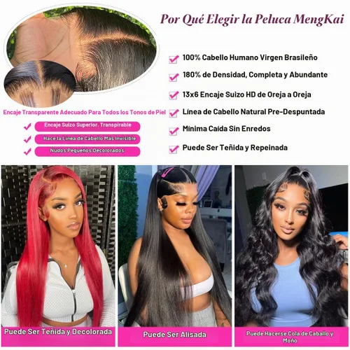 Vista 2 de Peluca de encaje frontal de 13x6 HD de 26 pulgadas con cabello humano prearrancado, pelucas de encaje frontal lacio de 13x6 con cabello humano