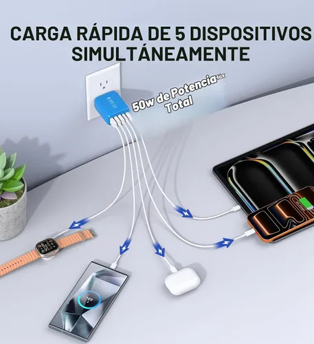Vista 2 de Paquete de 2 Bloques Cargadores de Pared USB C, 60W Bloque de Carga Rápida C de 5 Puertos Adaptador de Corriente PD + QC 3.0 Cargador Cubo