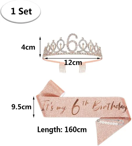 Vista 2 de Juego de banda y tiara de 6º cumpleaños, corona de banda de cumpleaños de oro rosa, suministros para fiesta de cumpleaños