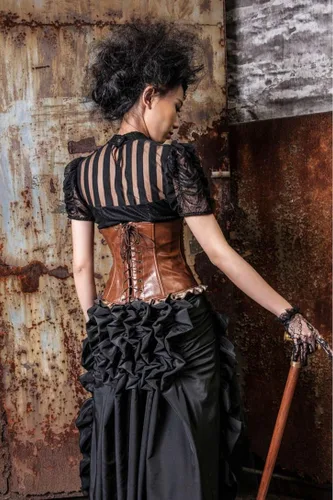 Vista 8 de HaoLin Steampunk Retro Victorian Punk Cincher Lace Up Long Ruffle Falda lápiz Negro, Negro
